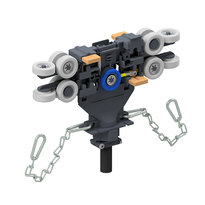 Current collector with four carbon brushes and multi-position guide wheels (mid, top and side), two bearing-mounted.