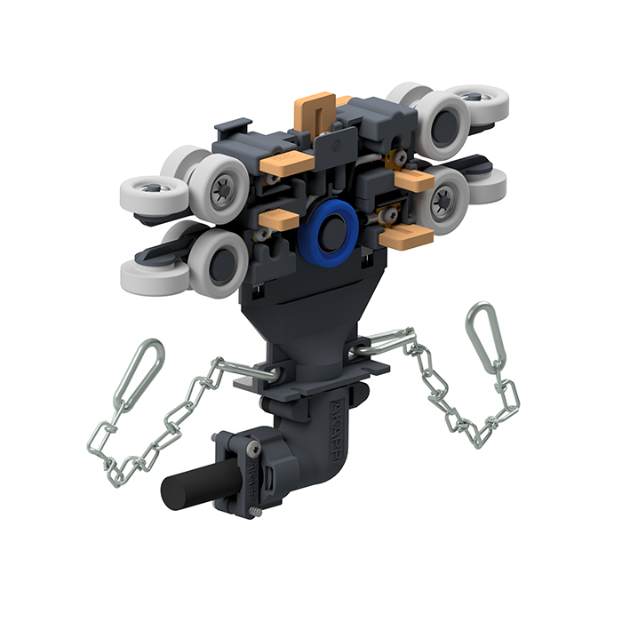 Current collector with four carbon brushes, multi-position guide wheels and right angle exit