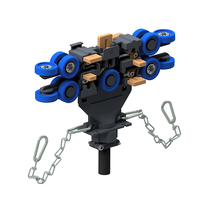 Current collector with seven carbon brushes and multi-position guide wheels (mid, top and side), all bearing-mounted