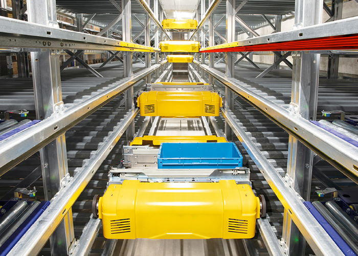 AS/RS warehouse shuttle system with Akapp Pro-Ductor conductor bar